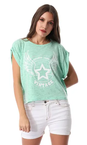 53663 Front Print Short Sleeves Mint Green T-Shirt