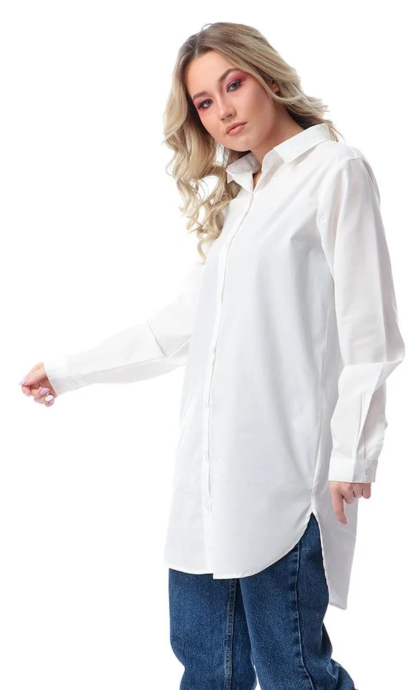 57114 Long Sleeves Off-White Long Shirt With Classic Collar