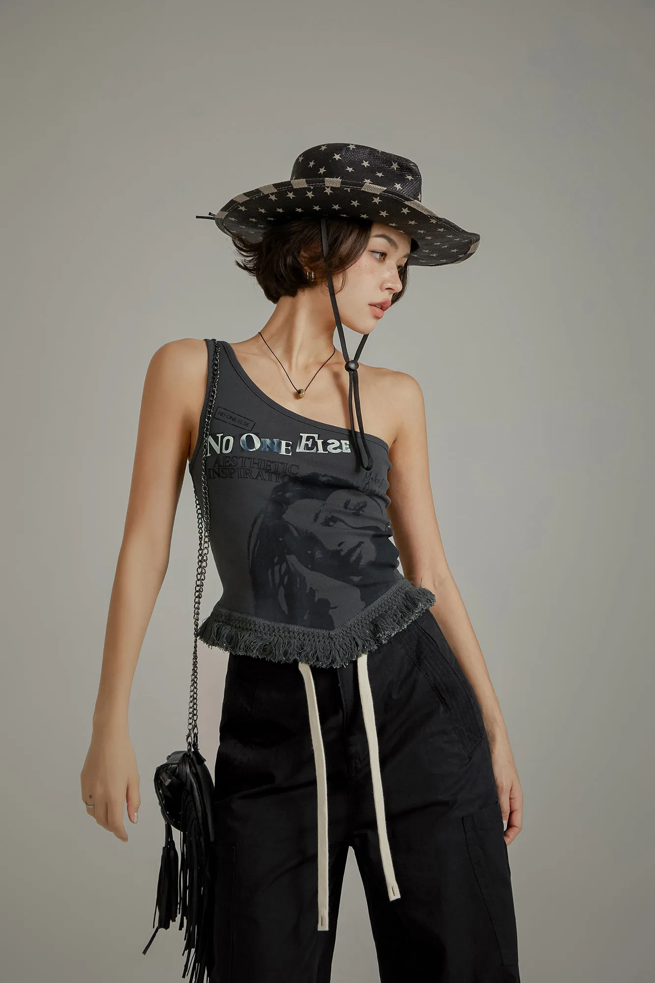 Aesthetic Inspiration One Shoulder Fringe Sleeveless Shirt