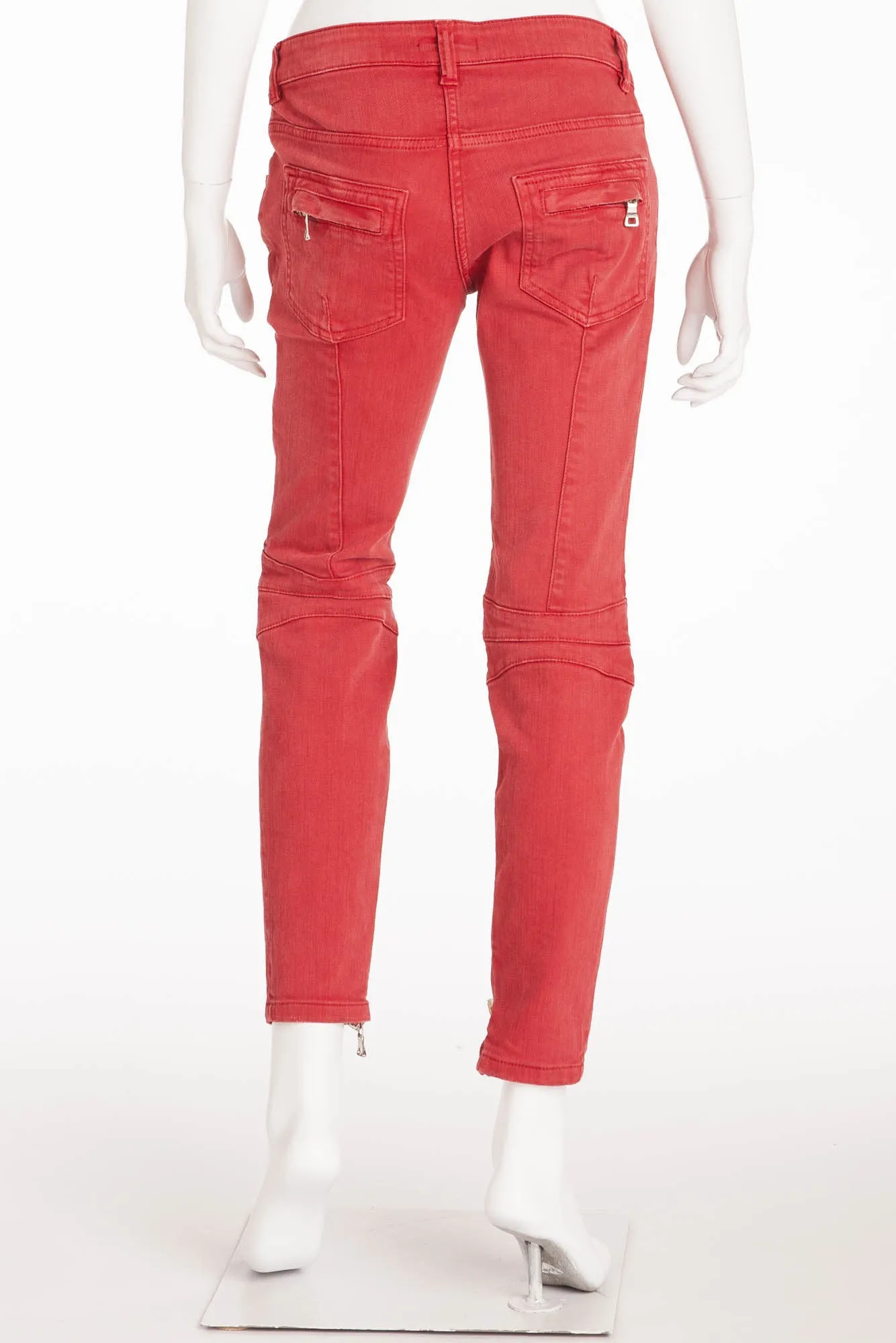 Balmain - Red Denim Moto-Style Jeans - FR 40