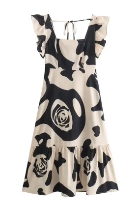 BLACK AND IVORY ABSTRACT FLORAL SLEEVELESS MIDI DRESS