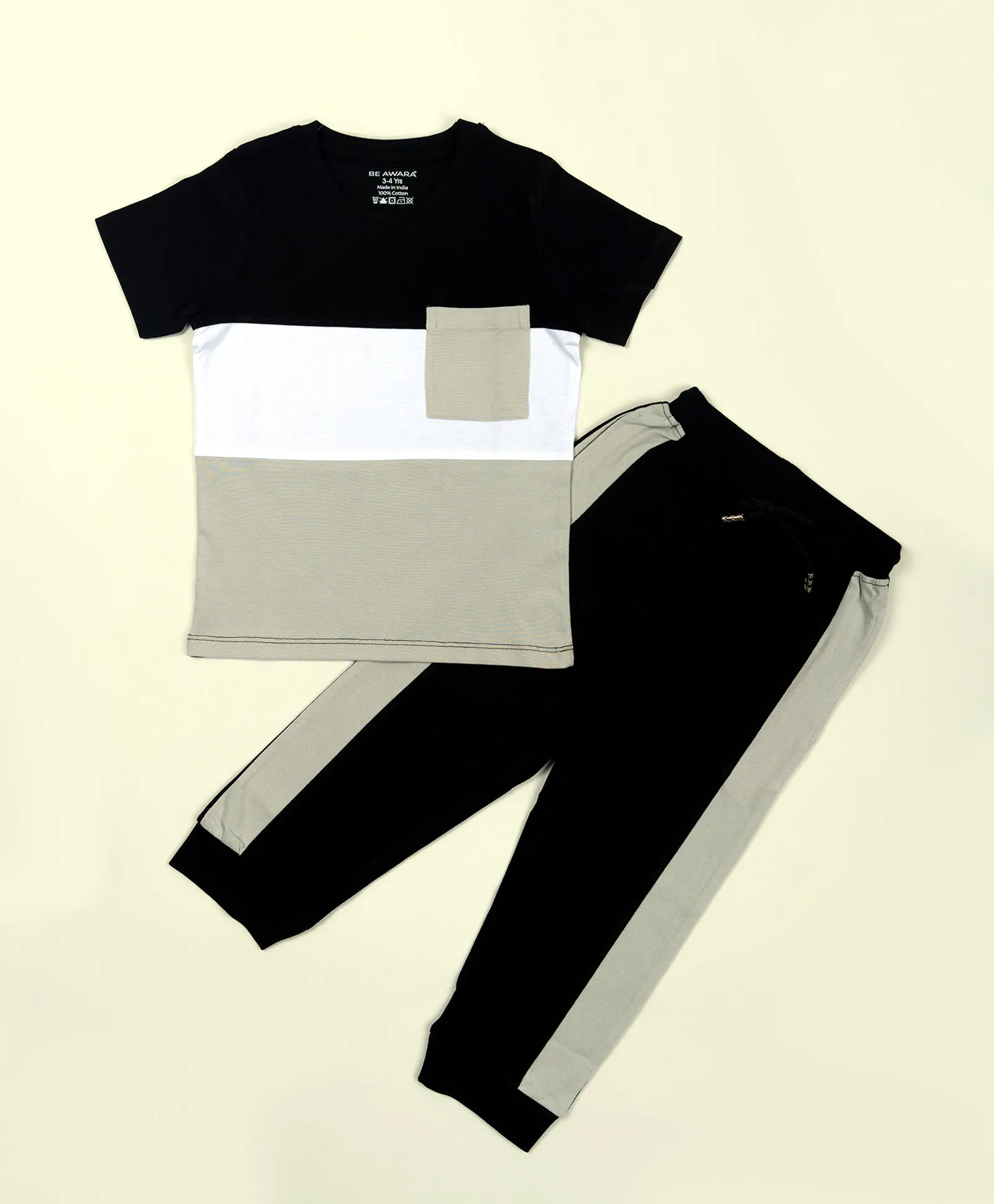 Boys Monochrome Colorblock Half Sleeves T-Shirt & Lounge Pant Set