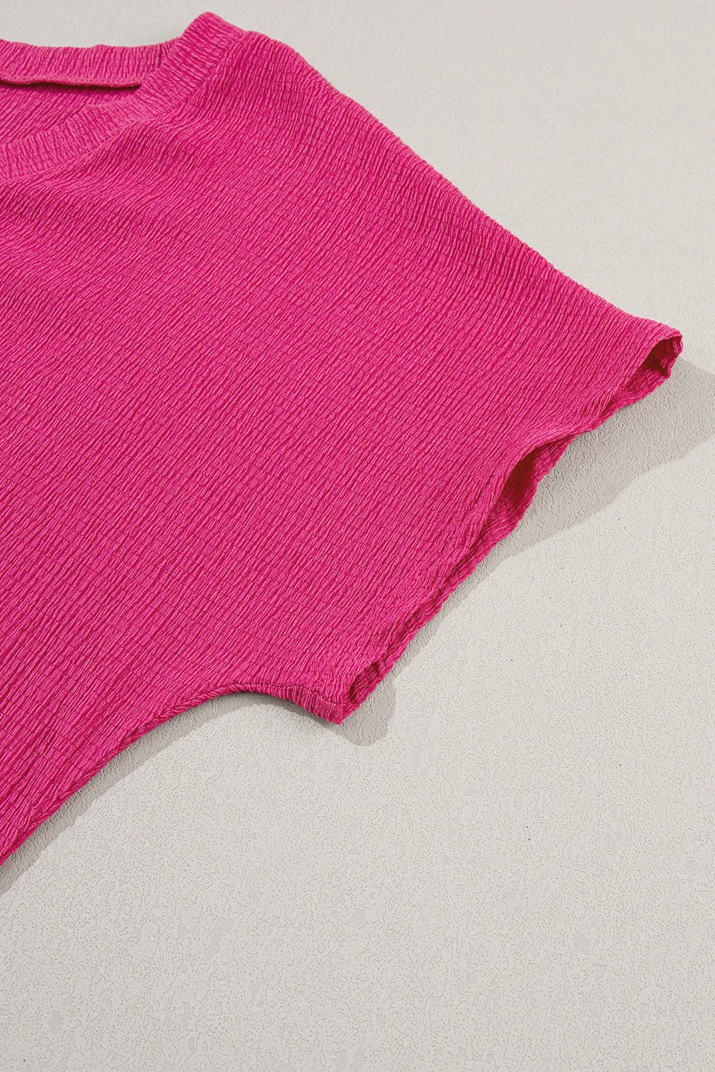 Bright Pink Crinkled V Neck Wide Sleeve T-shirt