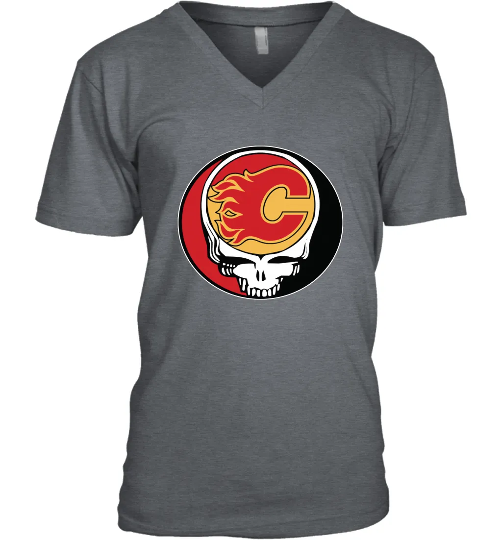 Calgary Flames Grateful Dead Steal Your Face Hockey NHL Mens V-Neck T-Shirt