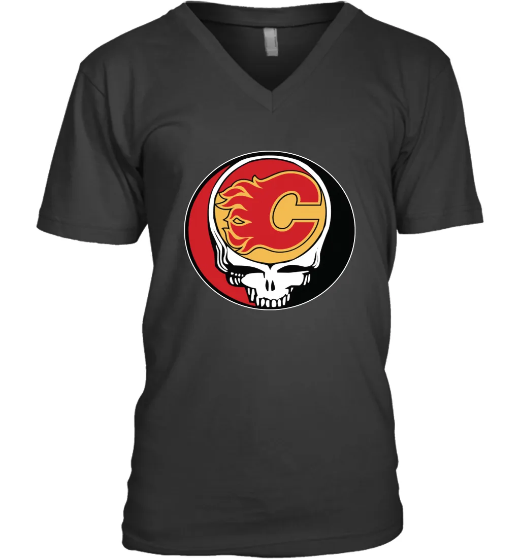 Calgary Flames Grateful Dead Steal Your Face Hockey NHL Mens V-Neck T-Shirt