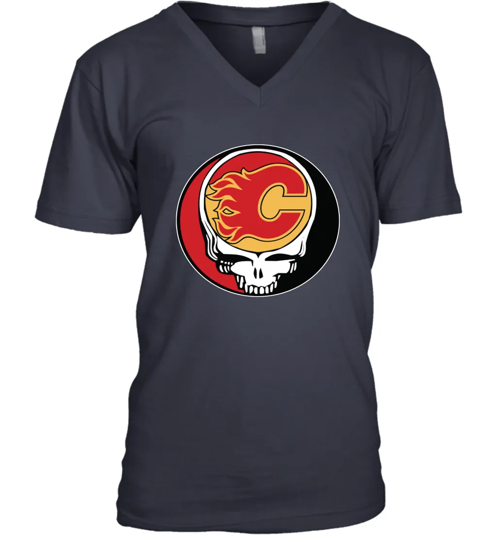 Calgary Flames Grateful Dead Steal Your Face Hockey NHL Mens V-Neck T-Shirt