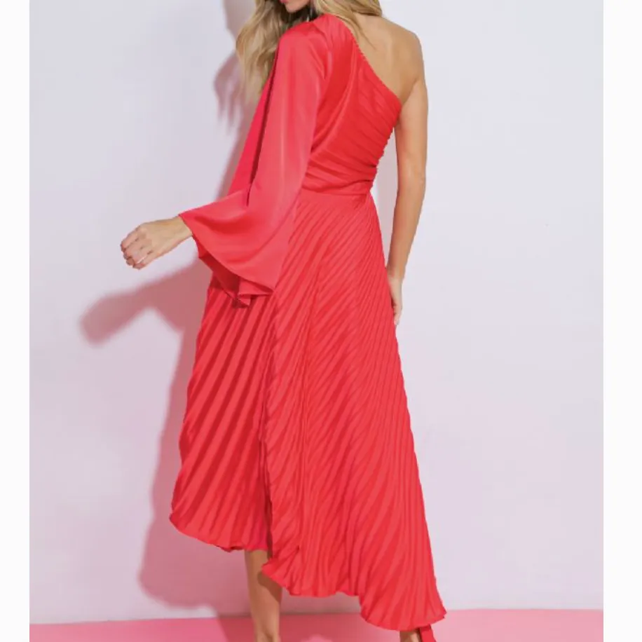 Fly High Coral Pleated One Shoulder Maxi Dress