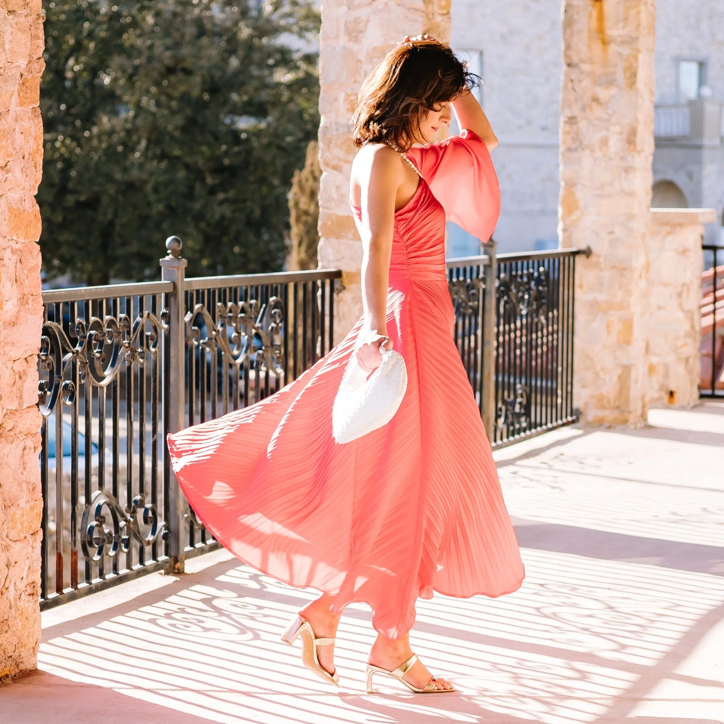 Fly High Coral Pleated One Shoulder Maxi Dress