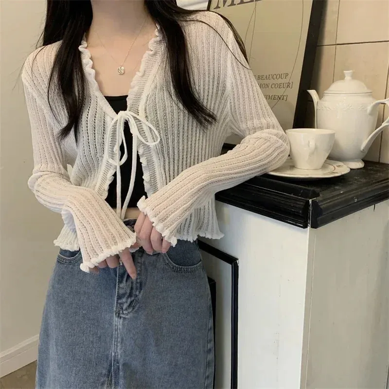 Getadme Black Tie Thin Knitted Cropped Cardigan Women Summer Korean Casual Lace Long Sleeve Short Outerwear 7 Colours