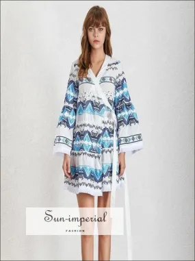 Kimono Dress - Women Embroidery Warp Tie Mini Dress V Neck Flare Sleeve