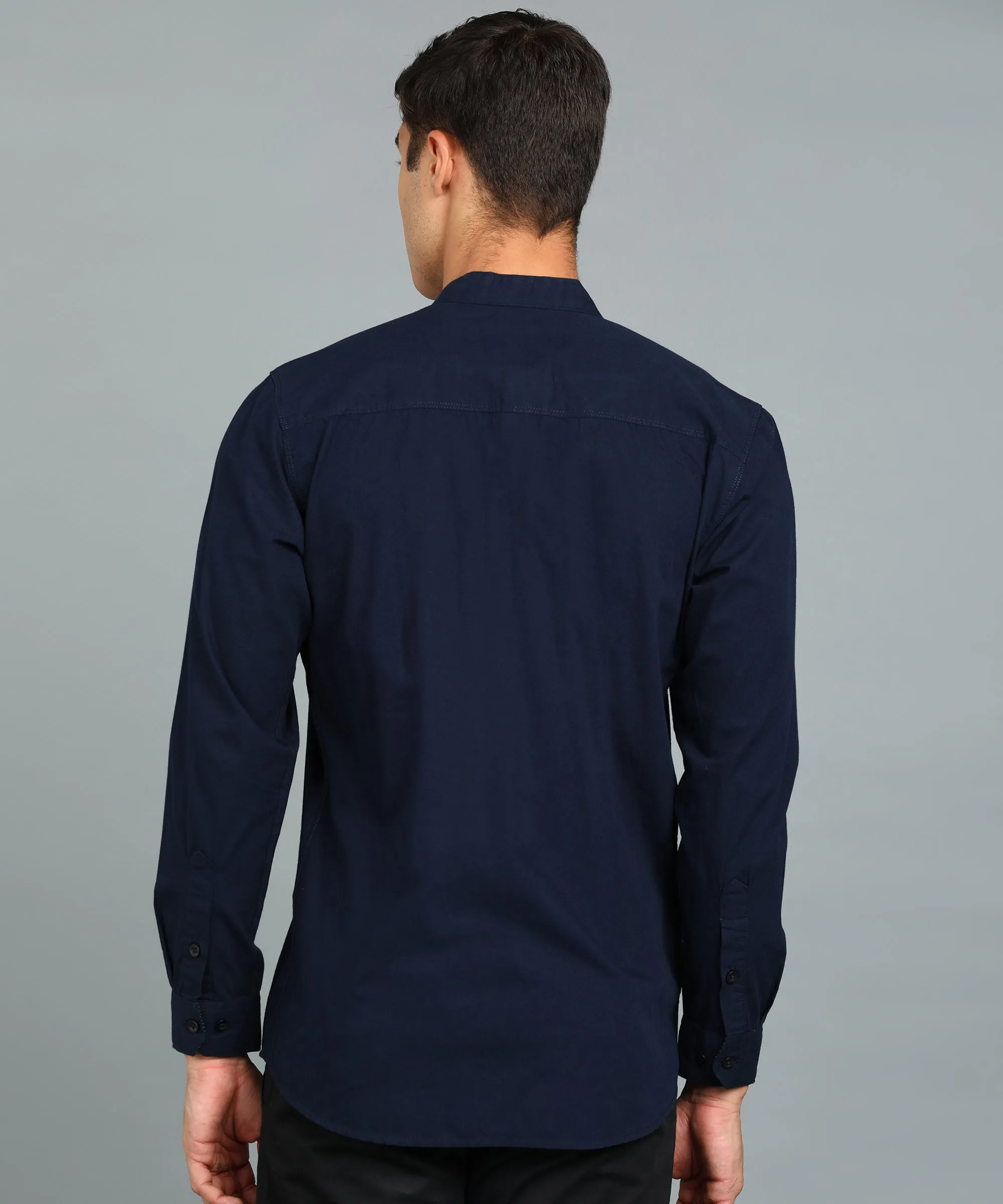 Men's Navy Blue Cotton Full Sleeve Slim Fit Solid Shirt with Mandarin Collar