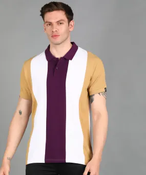 Men's Off White, Purple, Khaki Colour-Block Slim Fit Half Sleeve Cotton Polo T-Shirt