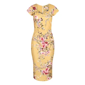 Mustard Yellow Floral Print Cap Sleeve V Neck 40s Style Wiggle Dress