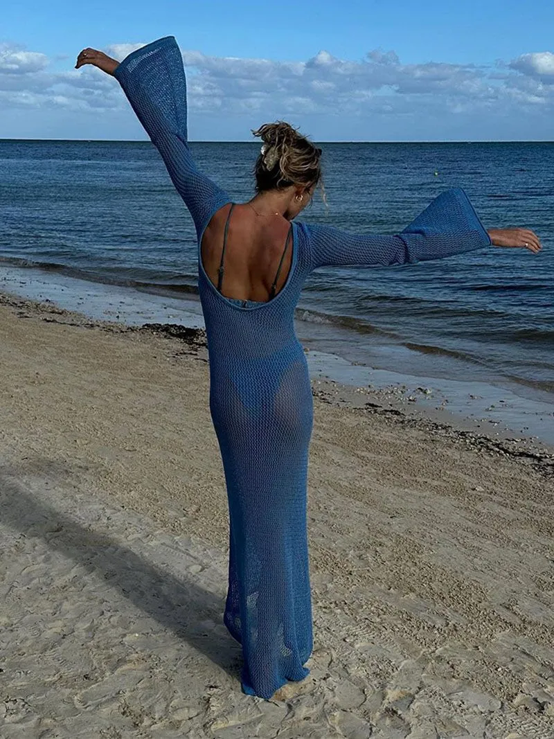 Sheer Crochet Knitted Long Swimsuit Cover Ups Maxi Beach Dress