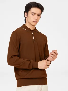 Tipped Merino Knit Sweater Polo - Brown