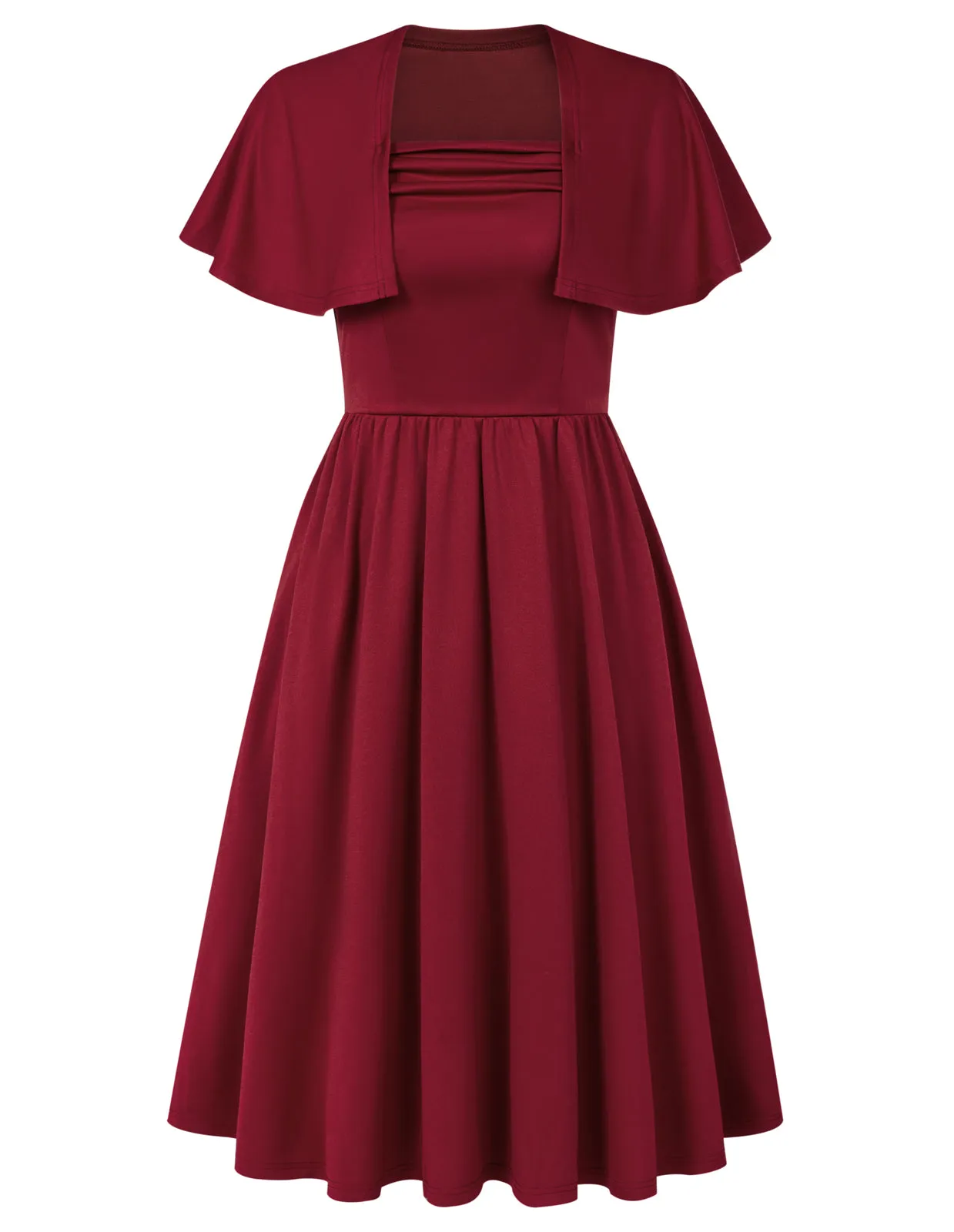 Vintage Square Neck Cape A-line Midi Dress Elegant Wedding Guest Cocktail Flowy Swing Dress