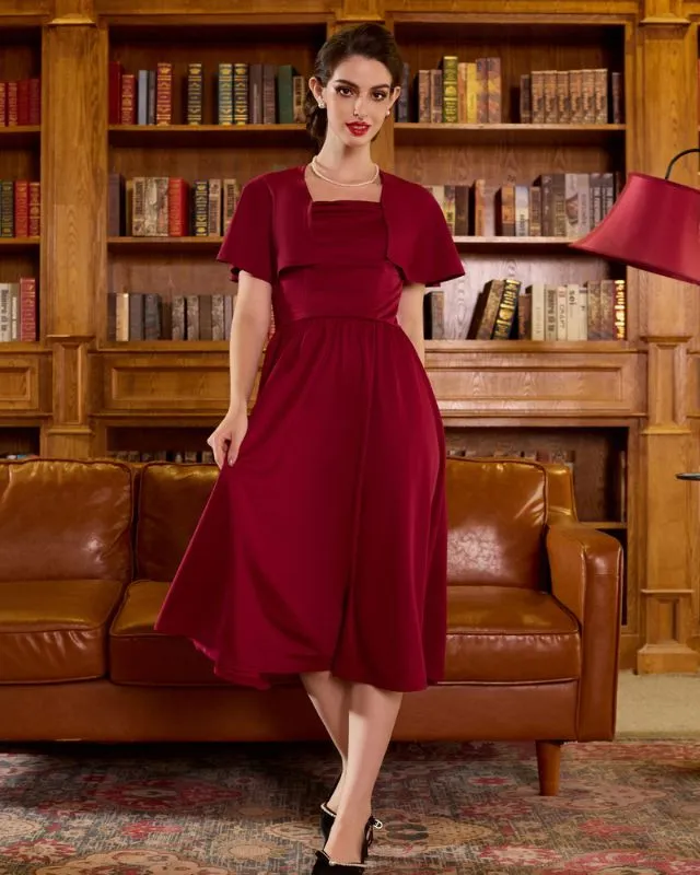 Vintage Square Neck Cape A-line Midi Dress Elegant Wedding Guest Cocktail Flowy Swing Dress